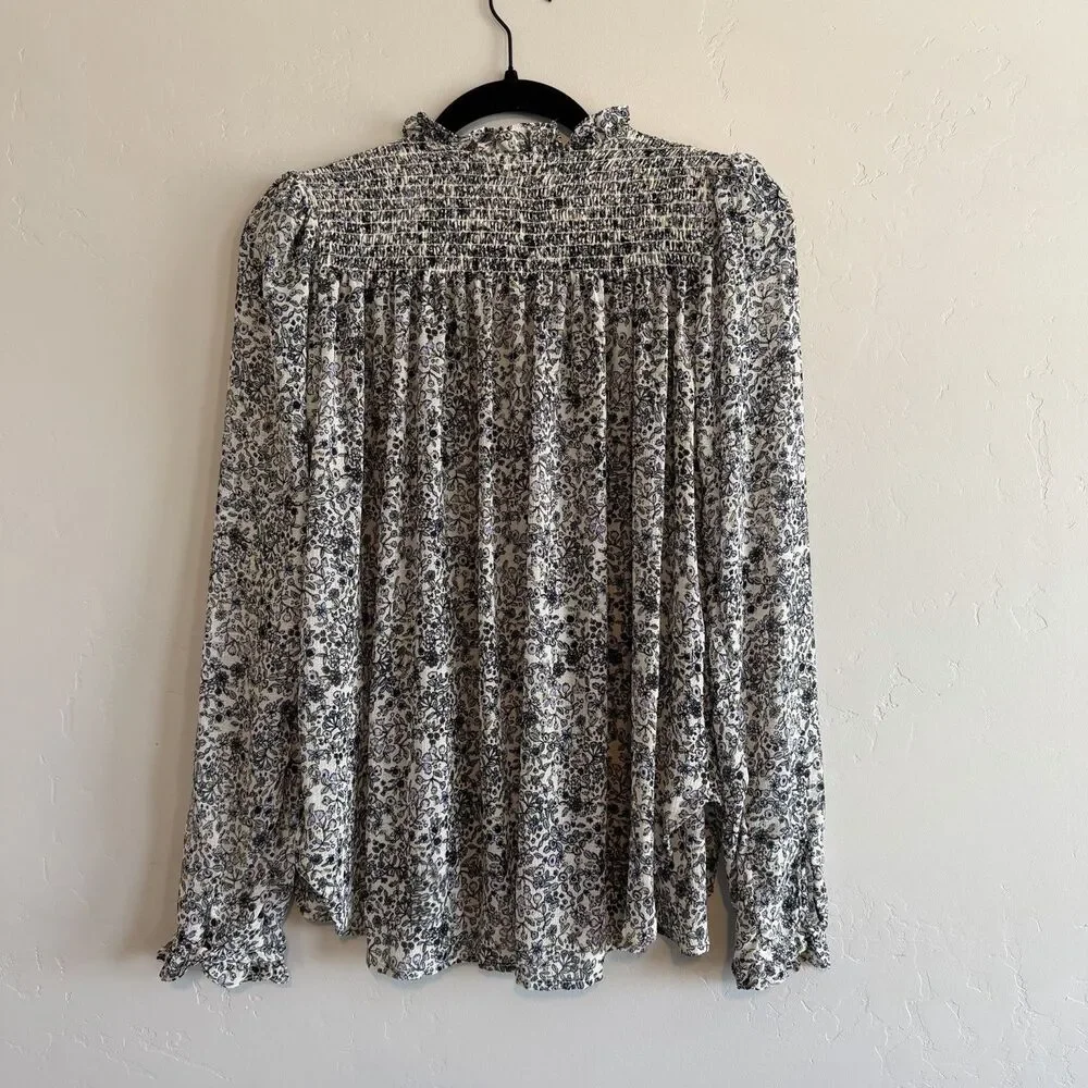 Free People Long Sleeve Floral Smocked Blouse Blue Size M Boho Summer Top